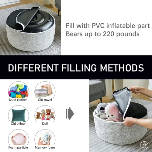 Miniatura 6 de Puf inflable otomano, 21 x 10 pulgadas, relleno otomano de chenilla con forro de PVC inflable, reposapiés con mango portátil, almohada redonda
