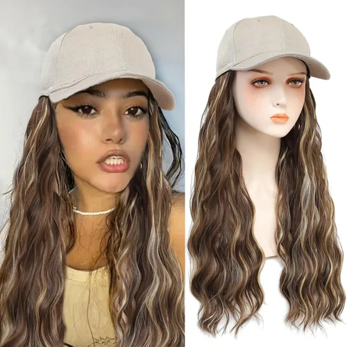 Gorra de béisbol con peluca de cabello largo ondulado natural, con gorra, resistente al calor, mezcla sintética marrón rubio, fibras ajustables,