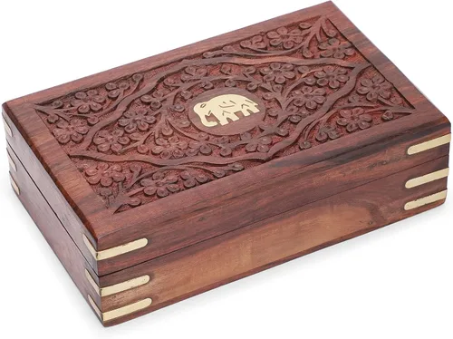Ajuny Joyero de madera hecho a mano, diseño de elefante, organizador de viaje, organizador de viaje, cofre del tesoro, decorativo, vintage, soporte
