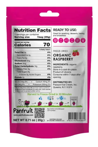 Miniatura 2 de PANFRUIT Bocadillos orgánicos liofilizados de frambuesa entera – 100% natural, sin azúcar añadido, sin OMG, sin gluten – 4 paquetes individuales