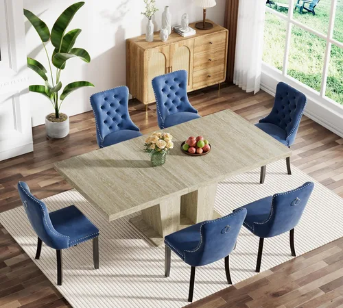 Miniatura 39 de Juego de mesa de comedor extensible marrón de 63 a 78.74 pulgadas para 4, juego de mesa de comedor de 5 piezas con 4 sillas, mesa de cocina