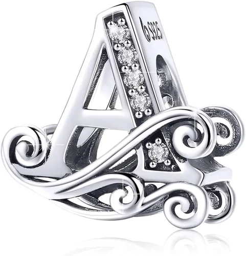 BISAER Dijes de plata de ley 925 con inicial de letra A-Z para pulseras, cuentas del alfabeto, regalos de joyería, Plata esterlina Diamante de