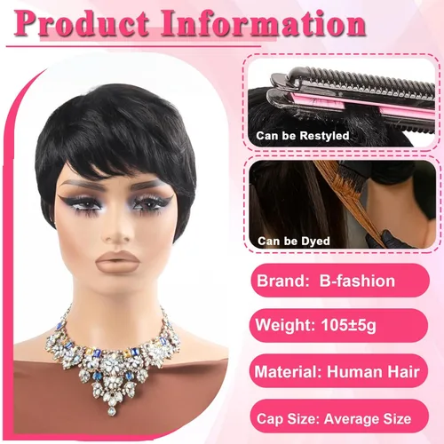 Miniatura 2 de Peluca de cabello humano con corte Pixie para mujeres negras, 100% cabello humano real, peluca corta y recta sin pegamento con flequillo, hecha a