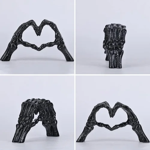 Miniatura 6 de Escultura de hueso de mano negra, decoración de amor, estatua de pareja de esqueleto de Halloween, adorno de mano de corazón adecuado para sala