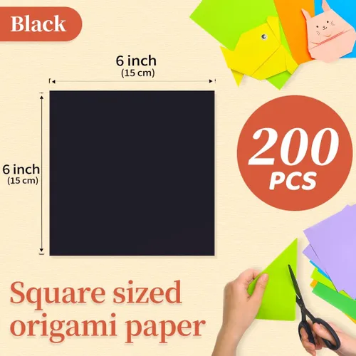 Miniatura 2 de IOOLEEM Papel de origami, 200 hojas, papel de origami negro, cuadrado de 6 pulgadas, papel de color de doble cara.