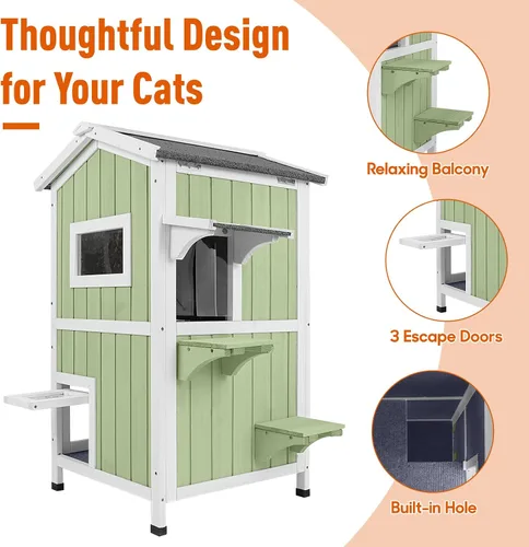 Miniatura 8 de Casa cálida aislada para gatos de 2 pisos, refugio resistente a la intemperie para gatos con 2 plataformas, capas térmicas, 2 puertas de escape
