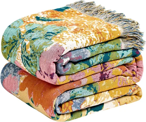 Miniatura 42 de Cobija para cama de estilo bohemio, 100 % algodón, ultra suave, edredón rústico, cobija de otoño, estampado floral, cobija grande rústica para sofá