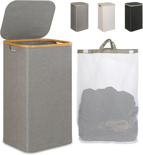 iEGrow Cesto para la ropa sucia con tapa, cesta grande para la ropa sucia de 110 litros con asa y tapa, organizador de ropa plegable con bolsa Gris