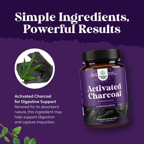 Miniatura 3 de Natures Craft Píldoras de carbón activado, desintoxicación y limpieza, cápsulas purificadoras de coco con 1200 mg por porción para aliviar