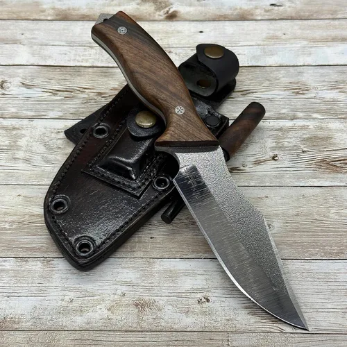 Miniatura 6 de Cuchillo de caza de hoja fija hecho a mano, cuchillo táctico de hoja N690 con funda de cuero y arrancador de fuego de magnesio, cuchillo táctico