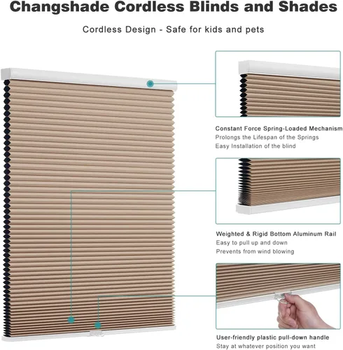 Miniatura 3 de Changshade Persianas sin cordones con celdas, persianas opacas de nido de abeja para ventanas, persianas abatibles plisadas, fáciles de instalar