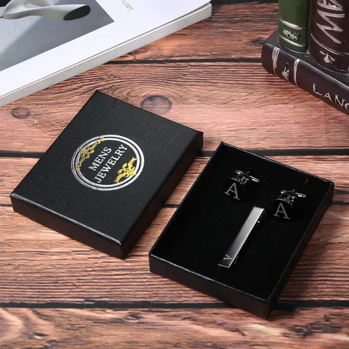 Miniatura 2 de LOYALLOOK Juego de gemelos negros con inicial y clip de corbata para hombre, gemelos de cobre personalizados y barra de corbata, letras del alfabeto