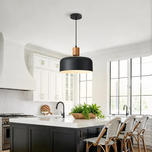Miniatura 8 de Lámpara colgante moderna negra sobre isla de cocina, iluminación colgante industrial, lámpara colgante de techo de madera ajustable para comedor