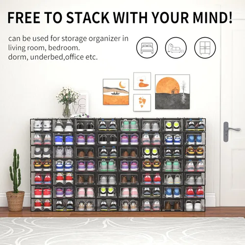 Miniatura 6 de Paquete de 12 cubos de almacenamiento de zapatos, organizador de zapatos apilable de plástico transparente para armario, zapatero plegable que
