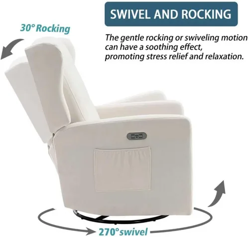Miniatura 4 de Ketaiyou Silla reclinable giratoria eléctrica, con respaldo alto, silla mecedora eléctrica para guardería, puertos USB y tipo C, sillón reclinable
