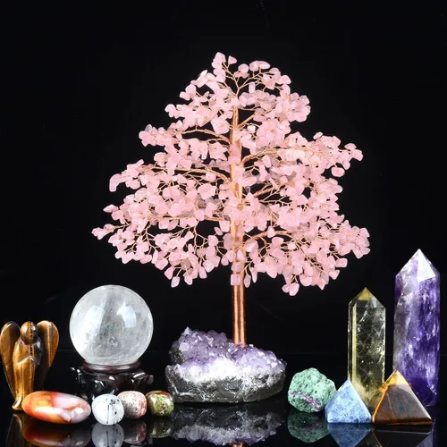 Miniatura 4 de Árbol de la vida con piedras preciosas de cuarzo rosa, base de racimo de amatista, cristal rosa curativo que equilibra la energía positiva, bonsái