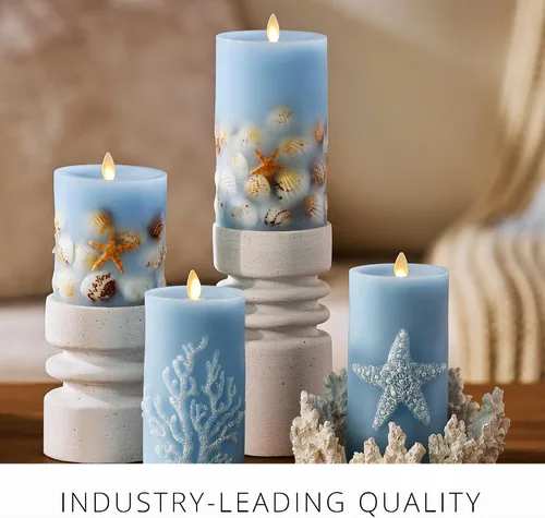 Miniatura 6 de Luminara Vela LED sin llama, de cambray suave, incrustada en concha y estrella de mar, pilar de llama móvil, cera real sin perfume con borde