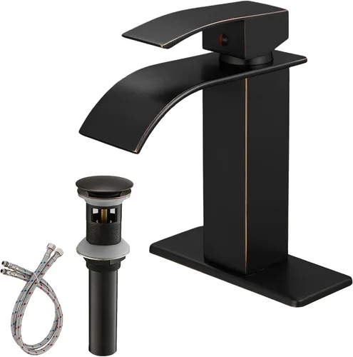 BWE Grifo de baño en cascada de bronce aceitado para lavabo de baño, 1 agujero, mango único, grifo de tocador moderno, grifo mezclador de baño con