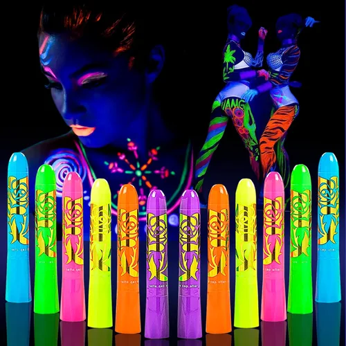 Miniatura 7 de 12 piezas de pintura corporal que brilla en la oscuridad, kit de maquillaje con luz negra UV para adultos, pinturas fluorescentes no tóxicas