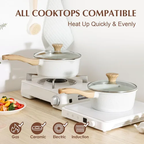 Miniatura 4 de SENSARTE - Set de Cacerola Antiadherente de Cerámica Blanca con Tapa, Olla de Cocina Pequeña con Mango de Enfriamiento Lento, Cacerola Compatible