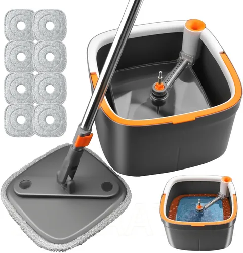 Miniatura 19 de Juego de trapeador giratorio y cubeta con 2 almohadillas de trapeador de microfibra reemplazables con sistema de separación automática de agua sucia