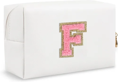 Miniatura 8 de Biileen Bolsa de Maquillaje Preppy Personalizada con Inicial Pequeña Bolsa de Viaje Linda con Letra de Chenilla, blanco-1, F