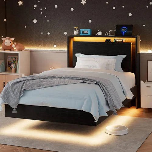 Miniatura 12 de Einhomn Marco de Cama Tamaño Queen con Luces LED y Estación de Carga – Marco de Cama Queen Flotante de Madera para Niños con Cabecera de Negro