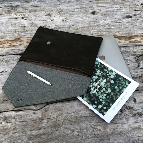 Miniatura 7 de Vintage pu cuero 13.5 "negocios embrague sobre bolsa documentos certificado portátil manga caso oficina carpeta de archivo, Verde militar