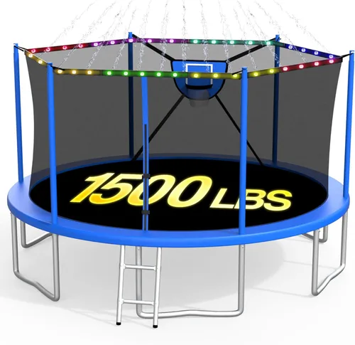 Trampolín para exteriores de 1500 libras con luz+rociador+calcetines, trampolín resistente de 16 pies, 14 pies, 12 pies, con aro de baloncesto, Azul