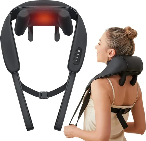 Masajeador de cuello y hombros con calor, almohada de masaje 3D de tejido profundo para cuello, espalda, alivio del dolor de trapecio, masajeador