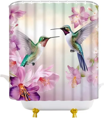 Miniatura 3 de Cortina de ducha floral de colibrí, acuarela, rosa, morado, jardín, naturaleza, paisaje, baño, decoración, juego de cortinas con ganchos