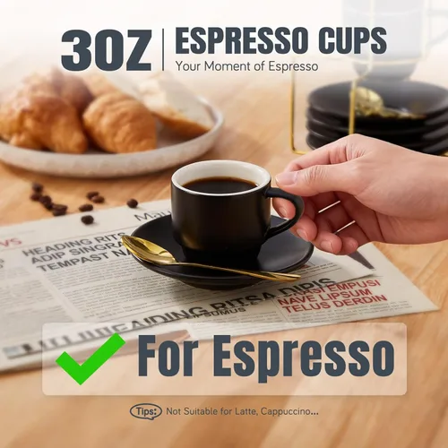 Miniatura 2 de Lareina Juego de 4 tazas de café espresso de 3 onzas, pequeñas tazas de café apilables con platillos, cucharas y soporte de metal, tazas de cerámica
