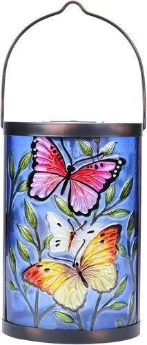 Miniatura 11 de Farol solar para exteriores, impermeable, colgante, luces solares de cristal de pájaro azul, faroles decorativos para exteriores, patio, césped