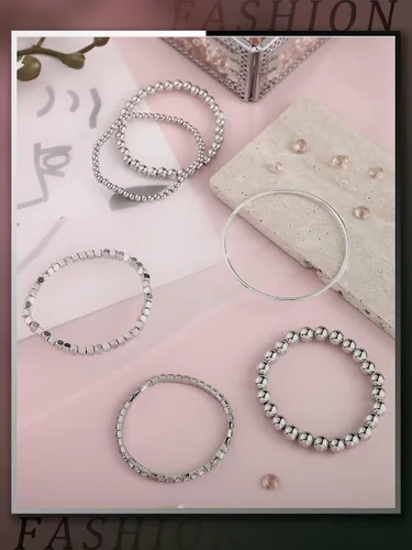 Miniatura 5 de Juego de 6 pulseras para mujer, apilables, elásticas, de bolas, delgadas, elásticas, con cuentas cúbicas, pulseras de tenis con moissanita redonda