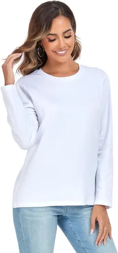 Miniatura 2 de LOVFEE Camiseta básica de algodón de manga larga con cuello redondo para mujer, ajuste holgado