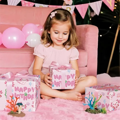 Miniatura 6 de RUSPEPA - Rollo de papel de regalo de cumpleaños para niñas, mini rollo, lindo diseño de ajolote y submarino con texto de feliz cumpleaños