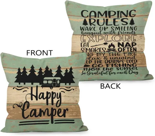 Miniatura 2 de Funda de almohada reversible con tablero de madera rústica Happy Camper, regalos para mujeres y hombres, funda de almohada con reglas de campamento