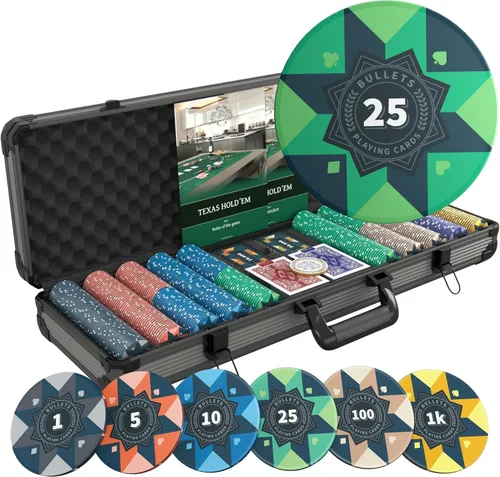 Bullets Playing Cards | Juego de póquer profesional Paulie | 500 fichas de póquer de cerámica (0.35 oz) + placas de cerámica con estuche premium -