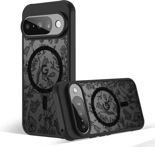 Miniatura 23 de Funda magnética para Google Pixel 10A [Compatible con MagSafe] Funda con patrón floral de flores negras para mujeres y niñas, con borde de TPU Rama