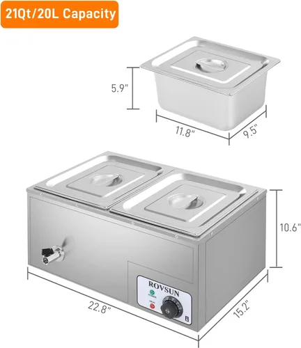 Miniatura 6 de ROVSUN Calentador eléctrico comercial de 21 cuartos de galón, 2 bandejas, 110 V, acero inoxidable Bain Marie, mesa de vapor de 10.6 cuartos de galón