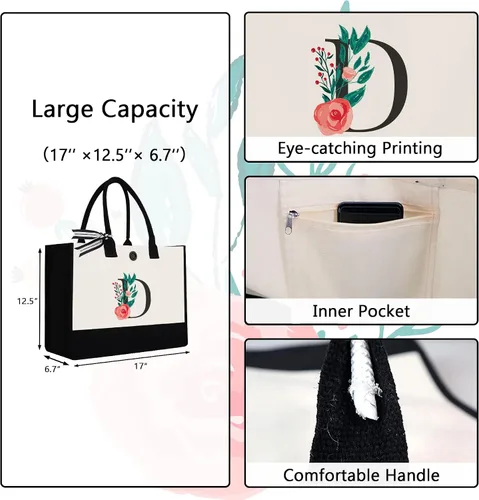 Miniatura 34 de Bolsa de lona con inicial, regalos de cumpleaños personalizados para mujeres, madres, amigas y profesoras, bolsas de mano con monograma adecuadas