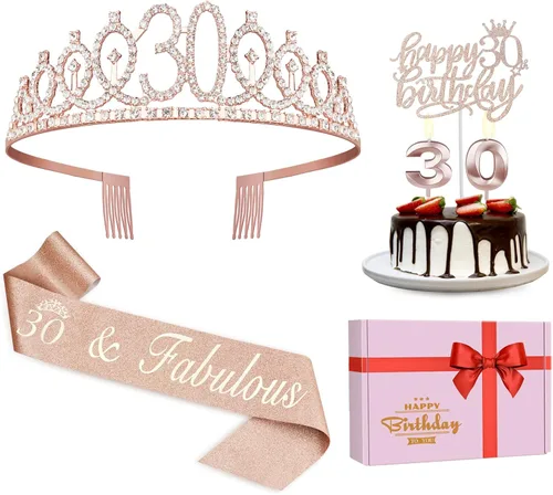 Miniatura 12 de Decoraciones de cumpleaños de 24 años para mujeres, incluyendo banda de cumpleaños, tiara/corona, velas numéricas y decoración de pastel, regalos
