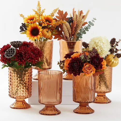 Jarrón de cristal con pedestal en relieve, base grande, cristal grueso, jarrones vintage para bodas, fiestas, decoración del hogar, centro de mesa,
