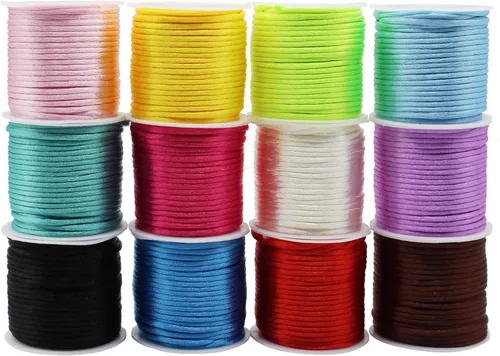 Cordón de nailon de satén de 0.079 in x 132 yardas, 12 colores, cordón de seda satinada para pulseras de amistad, collares, fabricación de joyas, 12