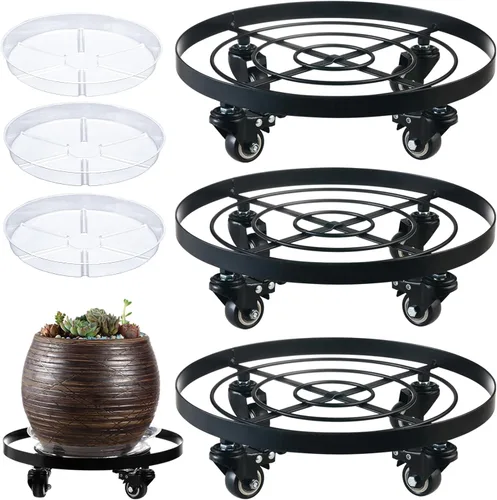 Paquete de 3 posavasos de metal para plantas de 10.6 pulgadas, con ruedas, soporte rodante resistente para plantas con ruedas para interiores y Negro