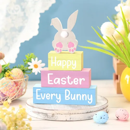 Miniatura 7 de 4 piezas de decoración de mesa de Pascua con texto en inglés «Happy Easter Every Bunny», letrero de madera de conejito pastel, bloques de madera
