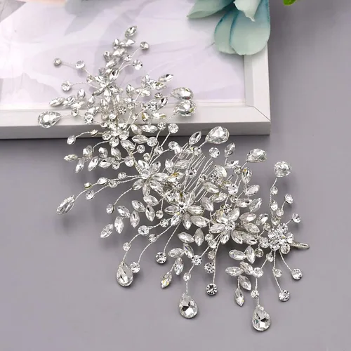 Miniatura 5 de ULAPAN Peine de pelo con diamantes de imitación plateados para damas, accesorio para el cabello para novia, boda, baile, ocasiones especiales
