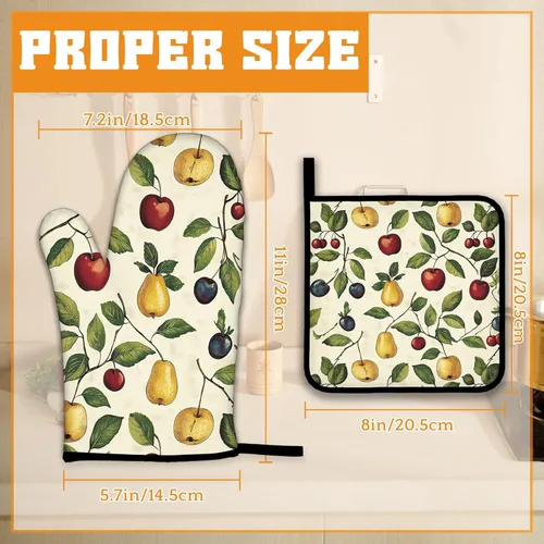 Miniatura 2 de Juego de guantes retro para horno y soportes para ollas, guantes de horno de cocina de cereza y soporte para ollas con resistente al calor, Cereza