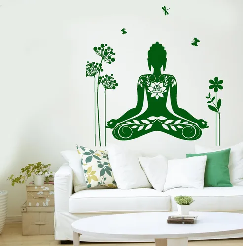Miniatura 2 de Adhesivo de pared Buda Meditación Mantra Flor Mariposa Yoga Vinilo Calcomanía (z2892) M 22.5 in X 26 in Negro