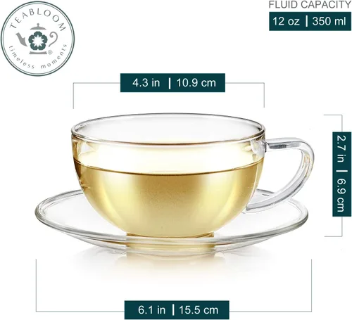 Miniatura 2 de Teabloom Kyoto - Juego de tazas de té y platillo, 2 unidades, tamaño grande, capacidad de 12 onzas/11.8 fl oz, diseño transparente, vidrio